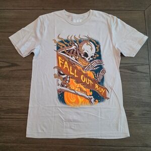 Fall Out Boy Flaming Skeleton Graphic T-Shirt Pale Grey Band Tee Medium